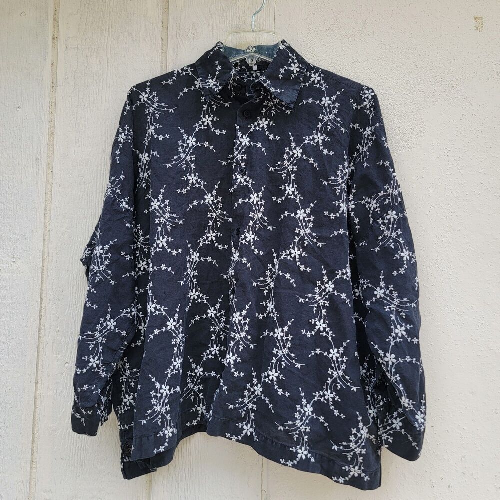 Eskandar womens linen floral embroidered button down top  blk/wht sz 1 boxy...